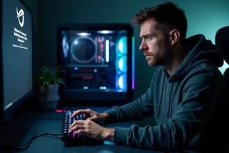 Homme appuyant sur la touche Suppr pour accéder au BIOS AORUS sur un PC gaming après une mise à jour