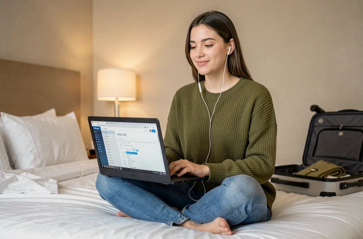 Jeune femme accédant à sa messagerie institutionnelle depuis une chambre d'hôtel lors d'un déplacement professionnel