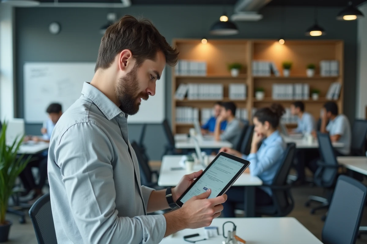Administrateur universitaire utilisant un portail ENT sur tablette dans un espace de travail moderne