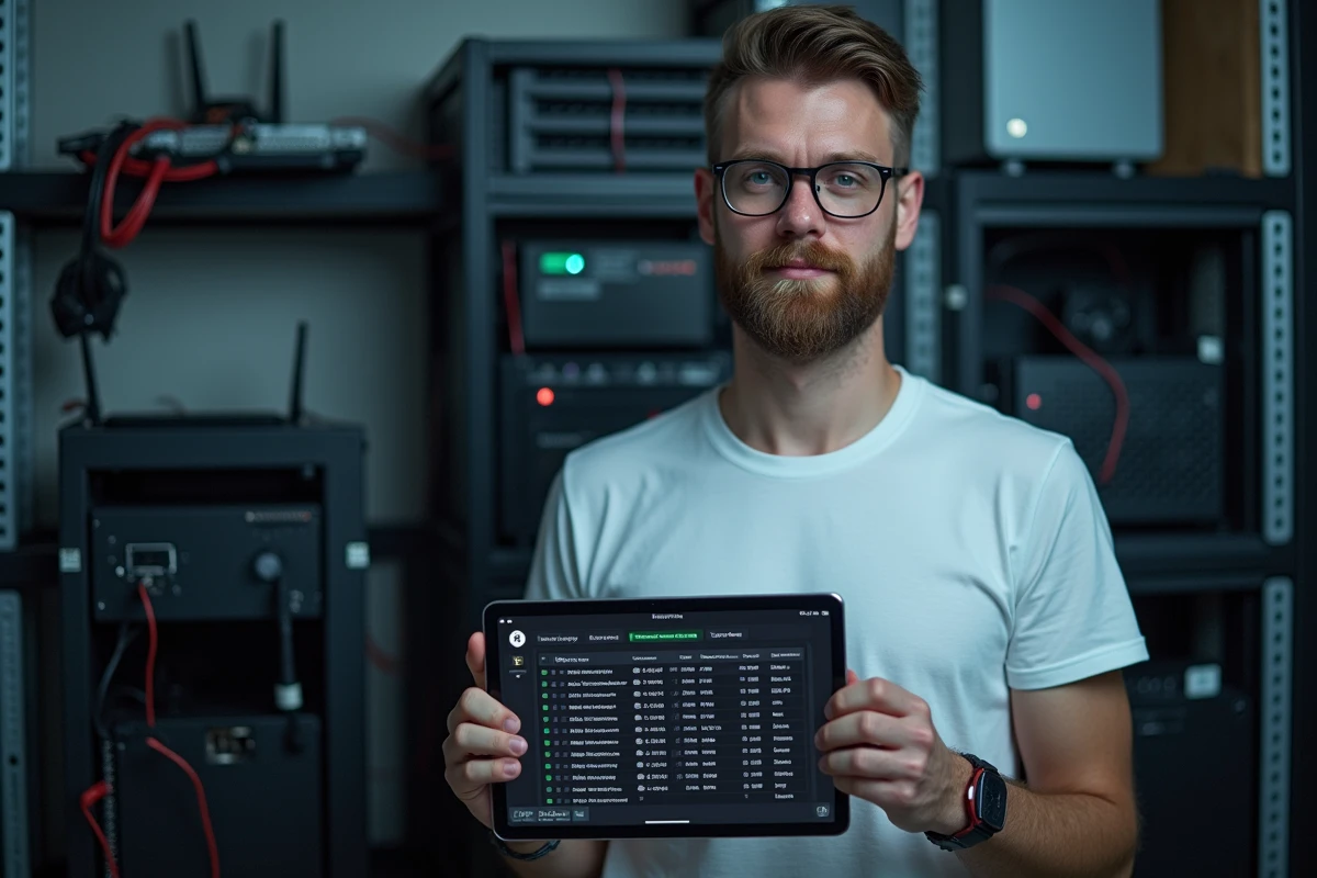 Administrateur masculin supervisant un serveur Minecraft hébergé gratuitement depuis un home lab
