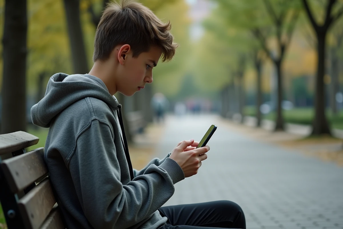 Adolescent sur un banc de parc regardant son téléphone