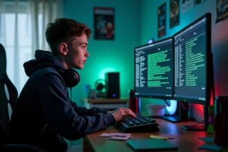 Adolescent configurant un serveur Minecraft gratuit sur son ordinateur de bureau dans sa chambre