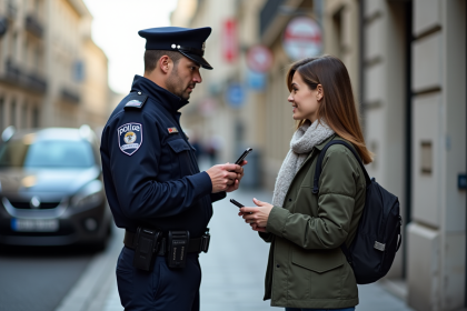 Agent de police en uniforme parlant à une femme dans la rue
