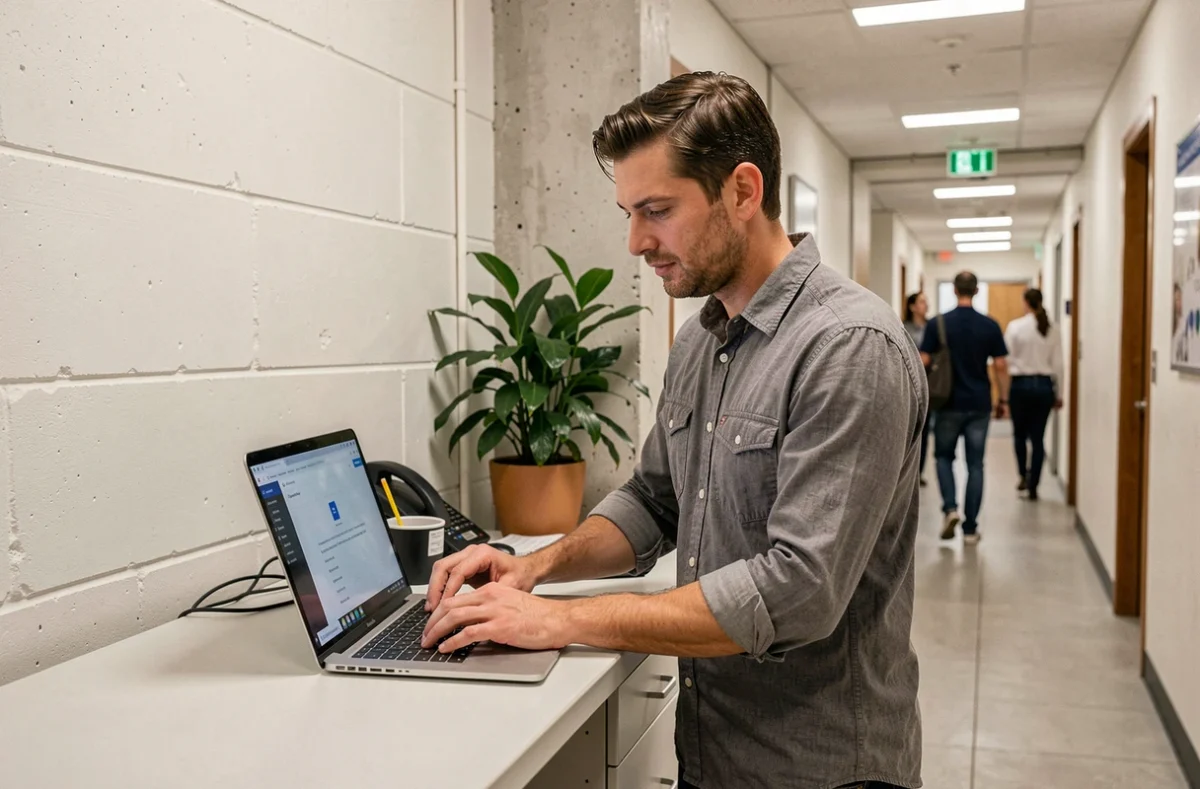 Agent territorial masculin utilisant un laptop pour se connecter à l'intranet Normandie dans un couloir administratif