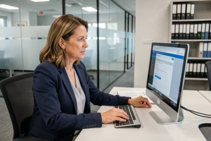 Agente administrative accédant à l'intranet Normandie sur son ordinateur de bureau dans un open-space institutionnel