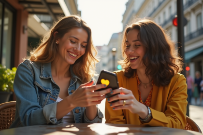 Deux amis souriants au café ensoleille avec un smartphone