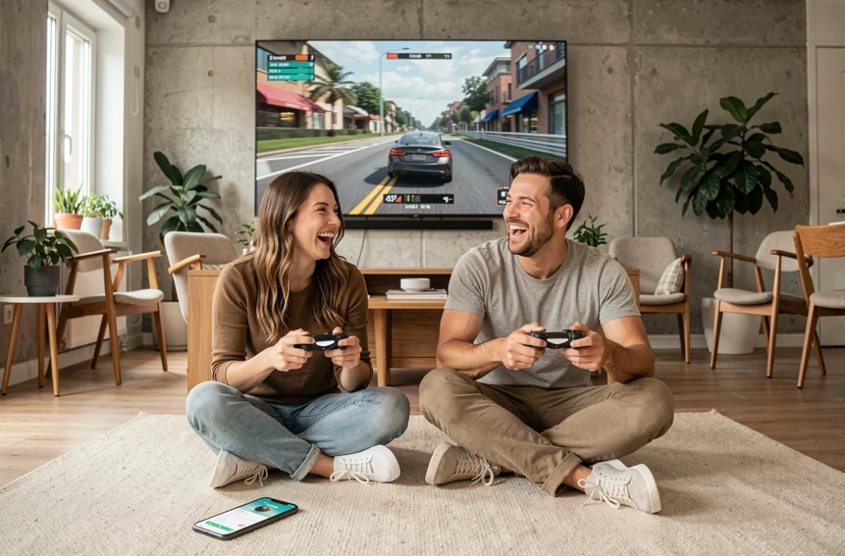 Deux amis jouant à un jeu de course sur grand écran TV via Chromecast dans un appartement moderne