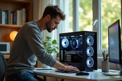 Jeune homme assemble un ordinateur dans un bureau moderne