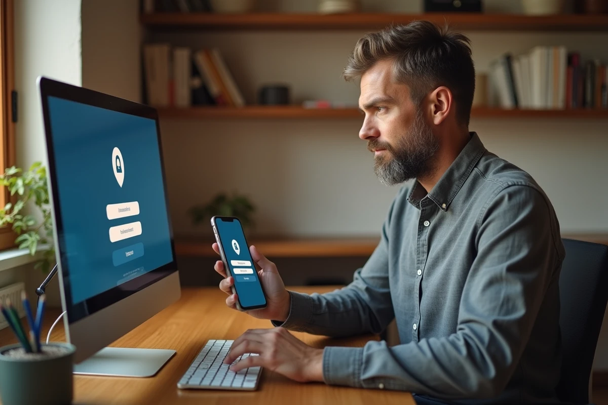 Homme utilisant l'authentification à deux facteurs pour sécuriser sa connexion à un service en ligne depuis son bureau à domicile