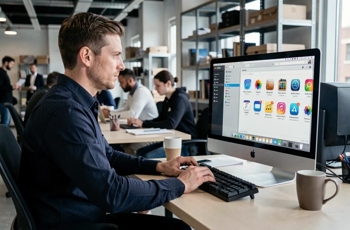 Homme configurant l'automatisation de fermeture d'applications sur un iMac dans un bureau moderne