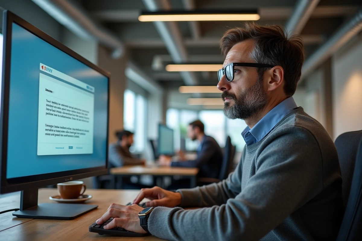Homme avec des lunettes regardant un avertissement de droits d'auteur sur un écran d'ordinateur dans un espace de coworking
