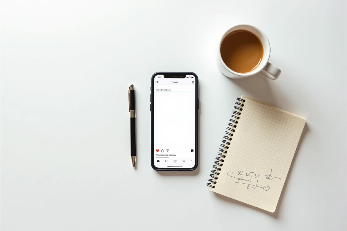 Vue de dessus d'un bureau avec smartphone affichant un compteur de mots pour réseaux sociaux, carnet de notes et café