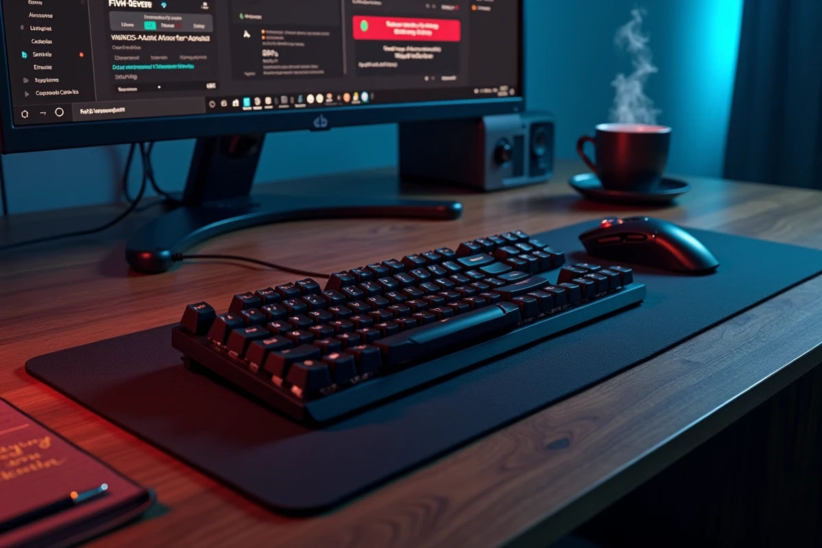 Vue aérienne d'un bureau gamer avec notification d'erreur de clé de licence FiveM à l'écran
