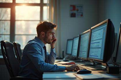 Employe de bureau frustré face à ses écrans encombrés