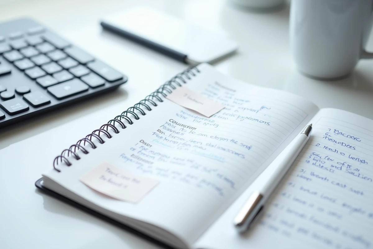 Gros plan sur un carnet de corrections SEO annoté à la main posé sur un bureau minimaliste avec clavier mécanique
