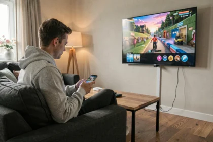 Homme jouant à un jeu mobile via Chromecast sur un grand écran TV dans un salon moderne