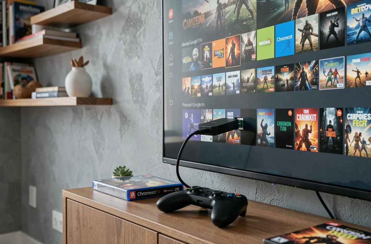 Chromecast connecté en HDMI sur une télévision affichant un menu de jeux vidéo avec manette posée dessous