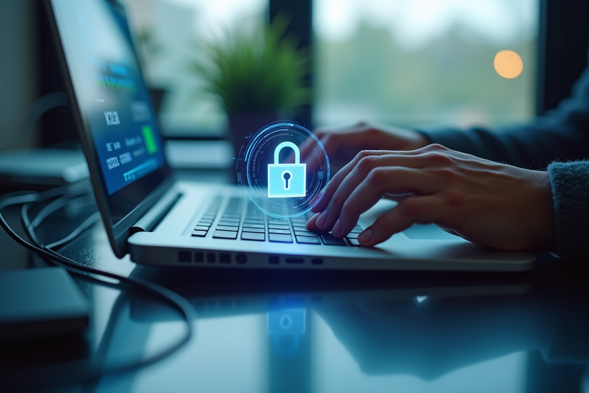 Mains tapant sur un clavier avec hologramme de cadenas numérique en arrière-plan