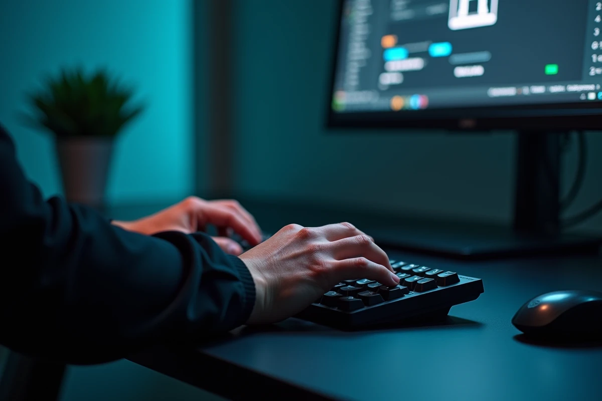 Mains tapant sur un clavier sécurisé avec interface de gestion des mots de passe visible en arrière-plan sur écran de bureau