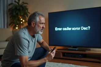 Homme frustré devant un téléviseur affichant un code erreur F3411 sur l'écran, en train de diagnostiquer sa box Bouygues Telecom