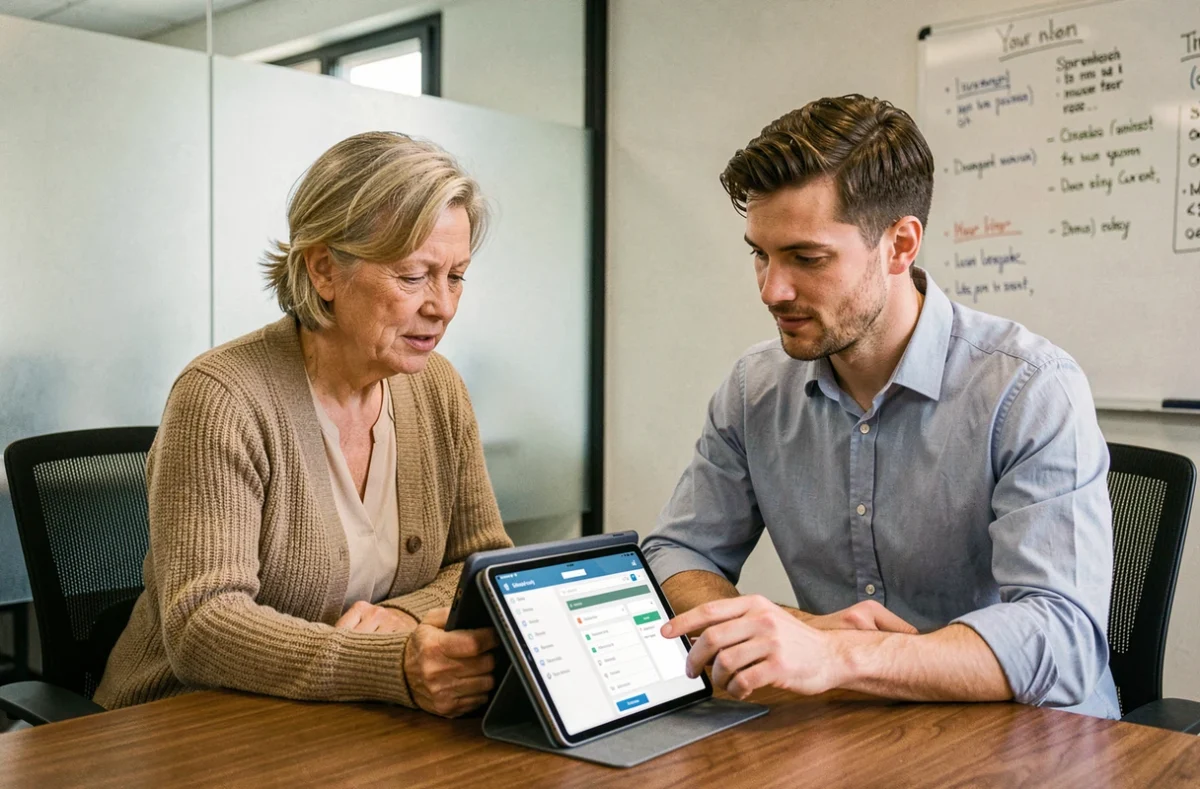 Deux agents normands collaborant sur l'accès à l'intranet régional via une tablette en salle de réunion