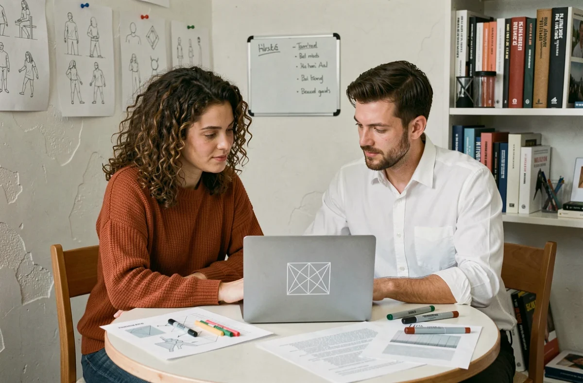 Deux collaborateurs qui travaillent ensemble sur un prototype numérique et imprimé dans un studio créatif avec des croquis accrochés au mur