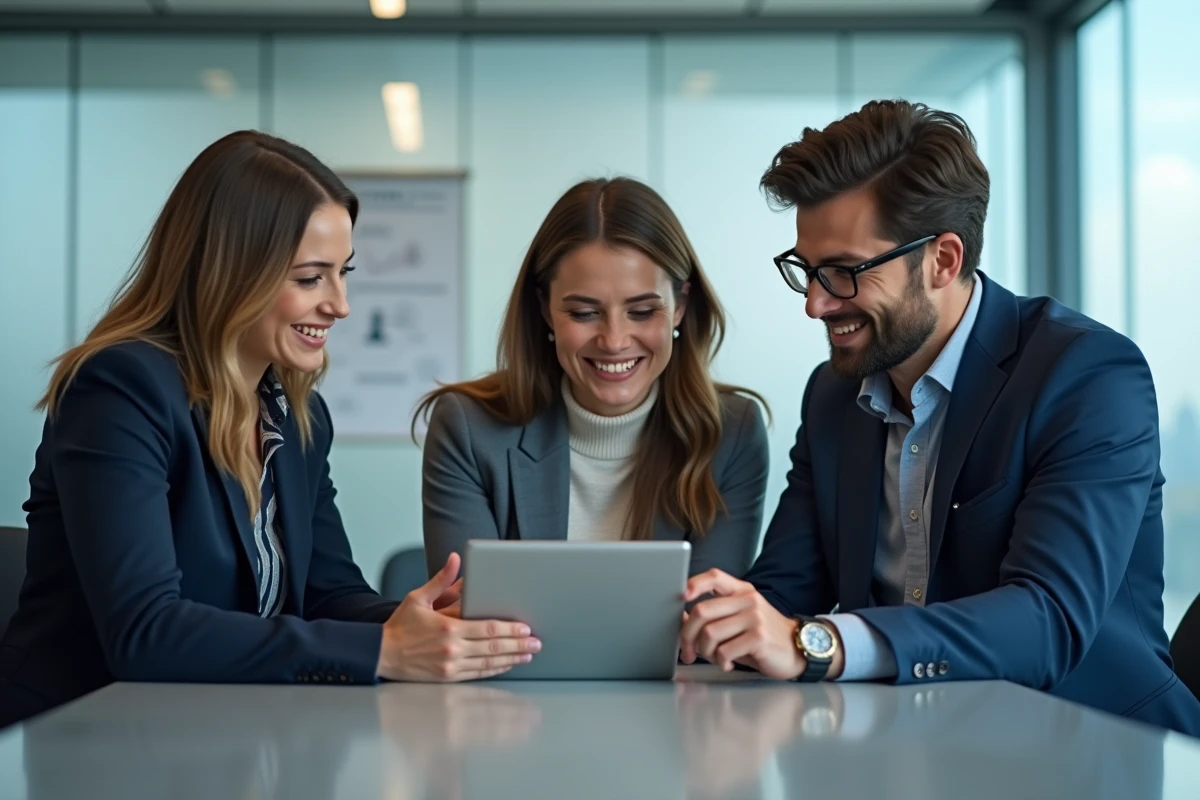 Groupe de collègues collaborant autour d'une tablette numérique dans une salle de réunion professionnelle