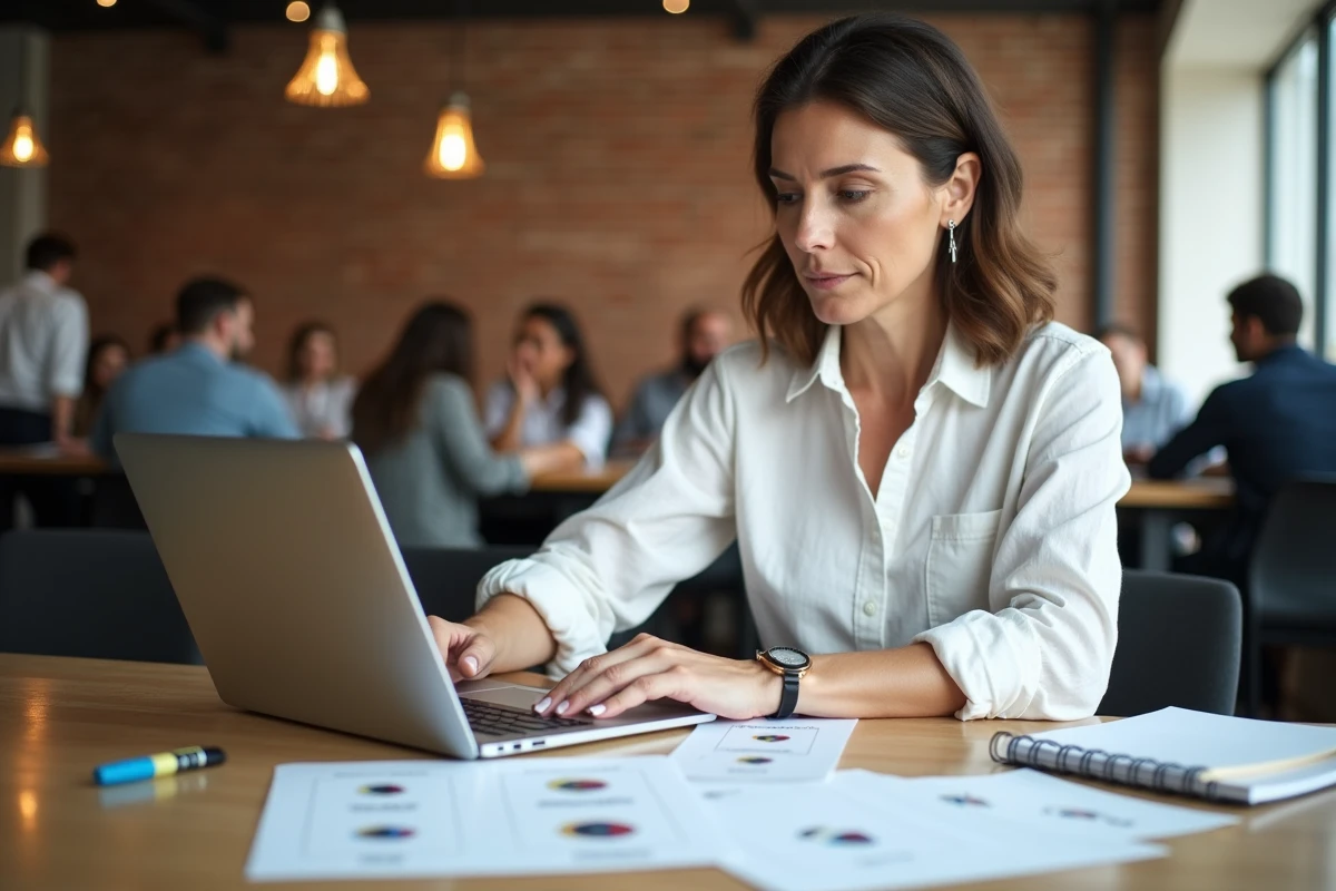 Femme comparant des variantes de logo imprimées dans un espace de coworking moderne