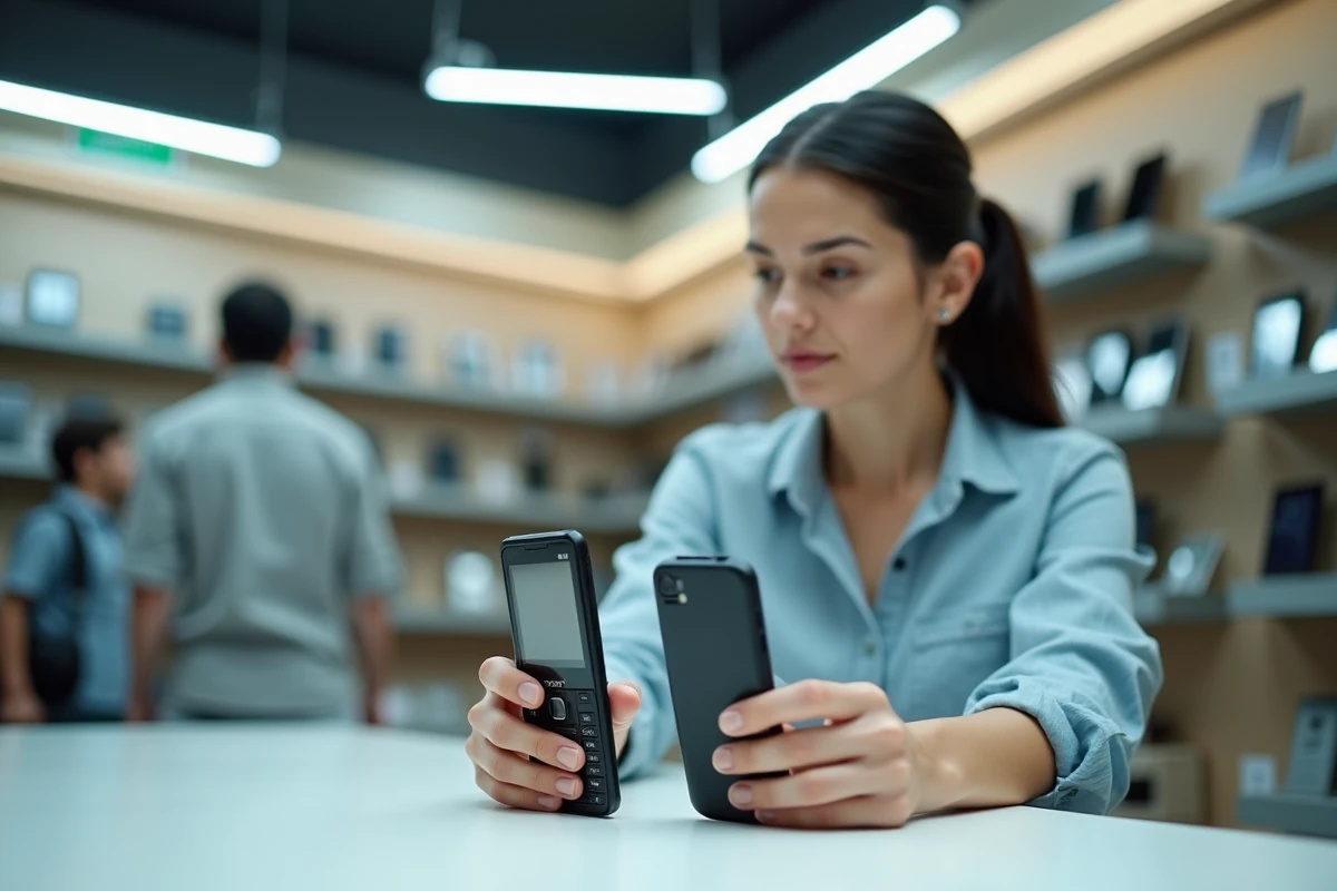Femme comparant deux téléphones Sony Ericsson reconditionnés dans une boutique de revente