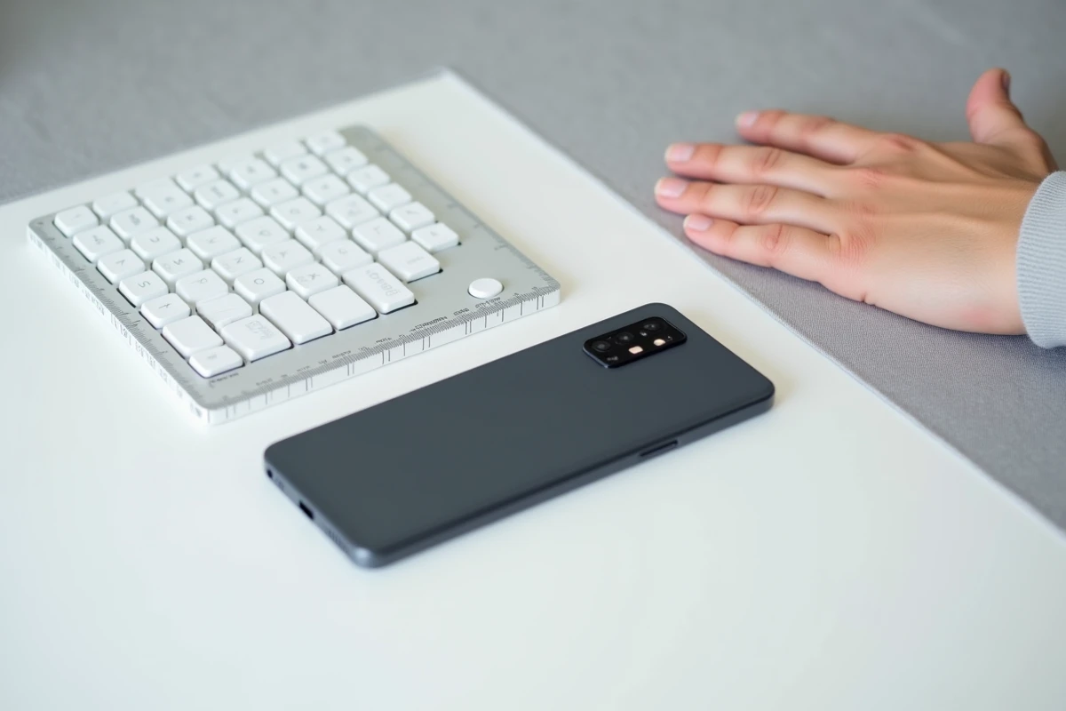 Comparaison de la taille d'une main avec un Samsung Galaxy S22 posé à plat sur une surface blanche pour évaluer l'ergonomie