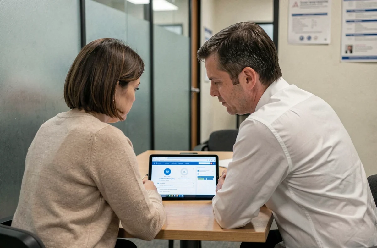 Deux collègues consultant ensemble un guide de configuration de la messagerie douane Mercure et Zimbra sur une tablette dans un couloir de bureau administratif