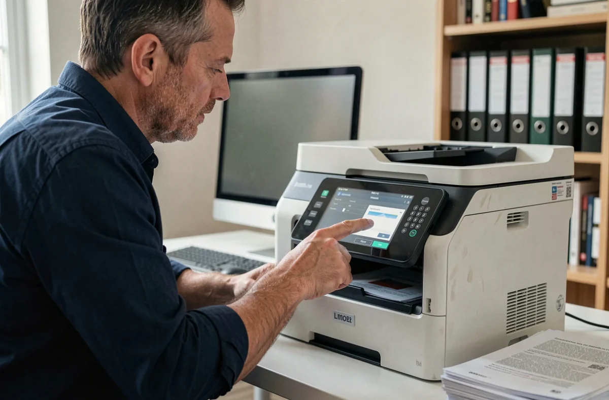 Homme utilisant le panneau tactile d'une imprimante laser pour configurer la numérisation recto verso