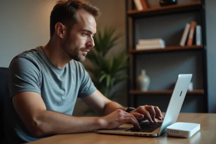 Homme configurant la sécurité de sa box internet via un panneau d'administration IP sur ordinateur portable