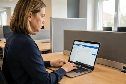 Femme professionnelle se connectant à sa messagerie universitaire Mel ouvert Caen depuis un nouvel ordinateur portable au bureau