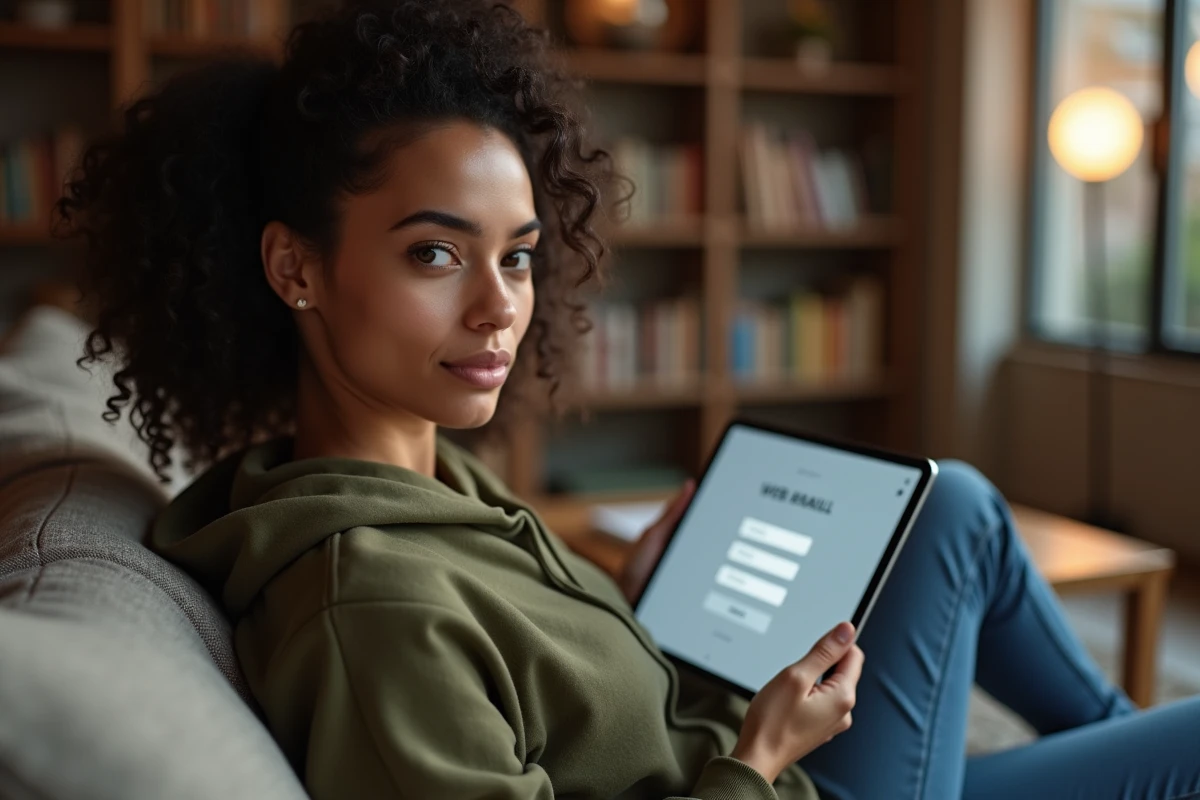 Jeune femme utilisant une tablette pour se connecter en sécurité à un webmail avec authentification à deux facteurs