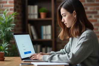 Femme se connectant à son webmail universitaire depuis son bureau à domicile sur un ordinateur portable