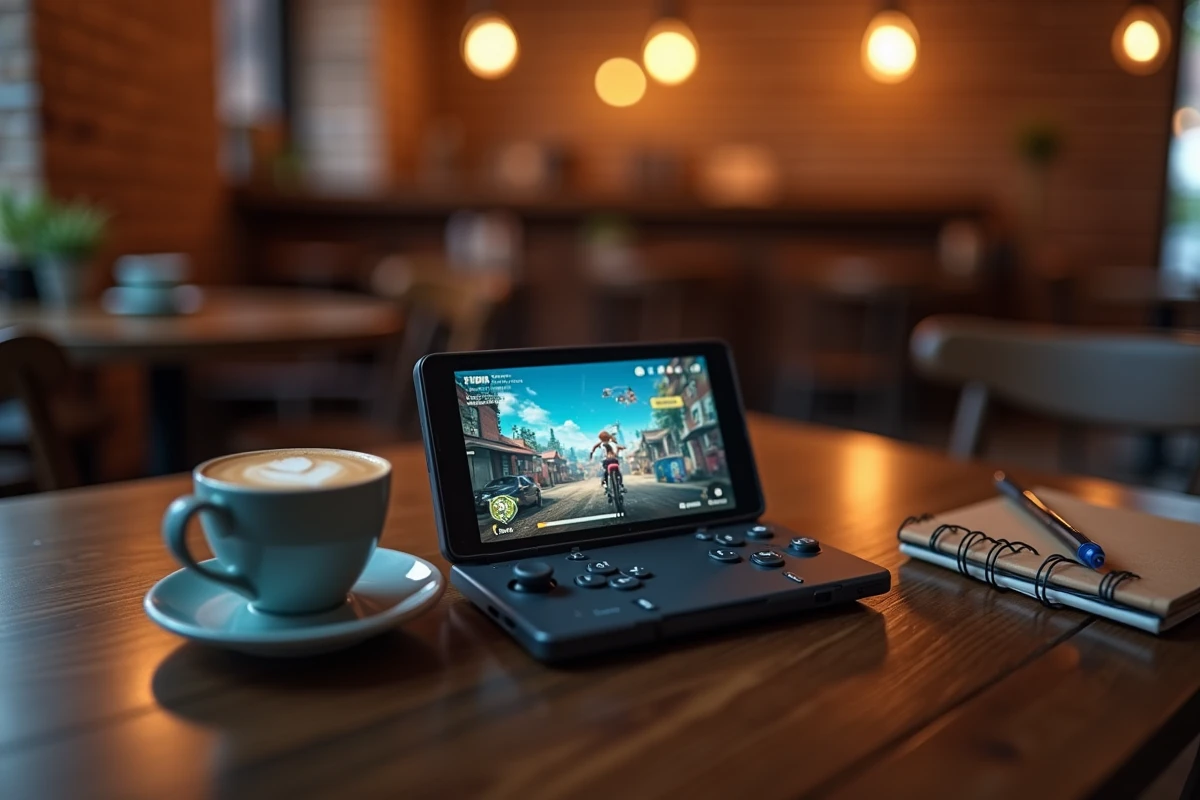 Console portable Sony posée sur une table de café avec une tasse d'espresso, vue de dessus