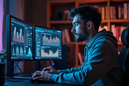 Homme analysant la consommation énergétique d'un PC gaming PocketPCParadise sur double écran dans un bureau à domicile
