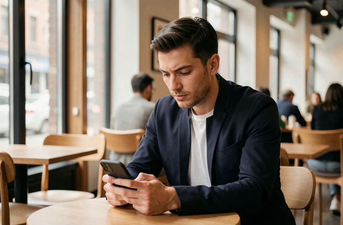 Homme dans un café parcourant des stories Instagram sur son téléphone de manière discrète et anonyme