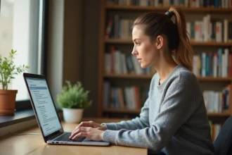 Rédactrice web utilisant un correcteur orthographique sur son ordinateur portable dans un bureau à domicile moderne