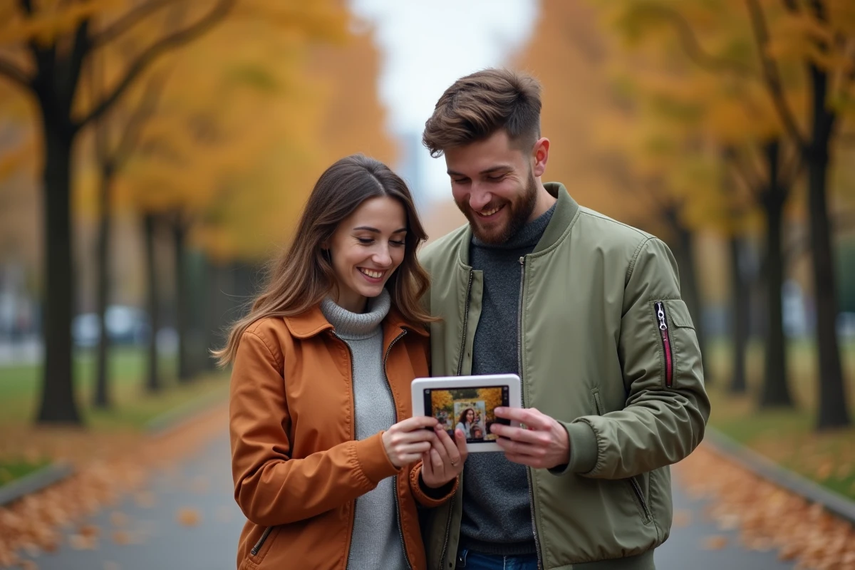 Couple partageant des souvenirs sur tablette via Google Photos dans un parc en automne