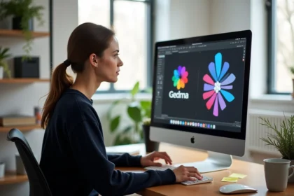 Femme créant un logo sur ordinateur avec un logiciel de design graphique dans un bureau moderne