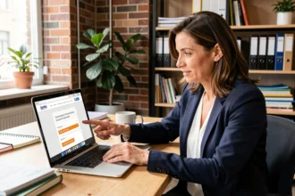 Femme créant un site internet pour une association sur un ordinateur portable dans un espace de coworking moderne