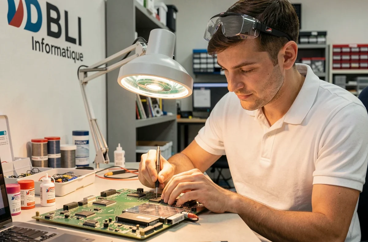 Technicien de DBLI Informatique soudant un composant sur une carte mère dans son atelier spécialisé