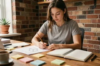 Jeune femme débutante qui dessine un prototype sur papier dans un bureau à domicile avec des post-it et des croquis éparpillés sur la table