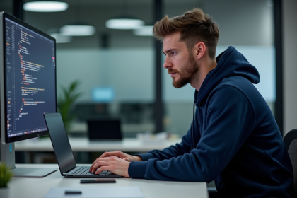Jeune developpeur en hoodie bleu code sur son ordinateur