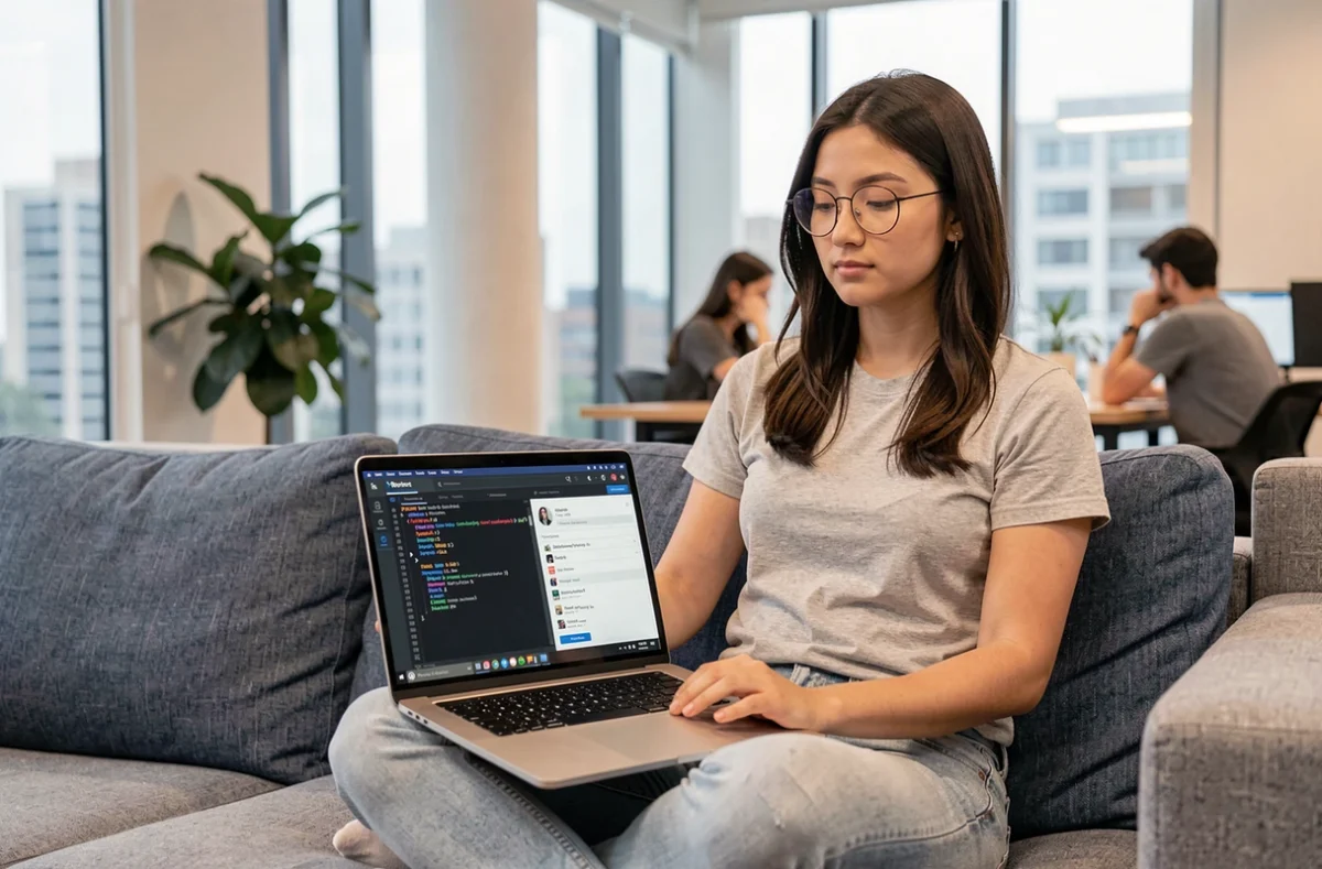 Développeuse web travaillant sur la compatibilité de version PHP avec WordPress dans un espace de coworking moderne