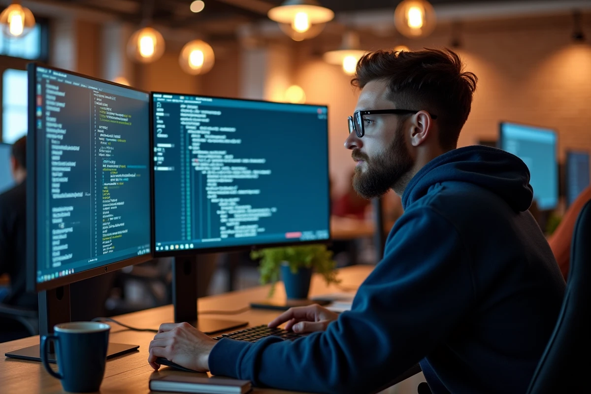 Développeur barbu naviguant dans des répertoires avec popd sur un grand écran dans un espace de coworking moderne