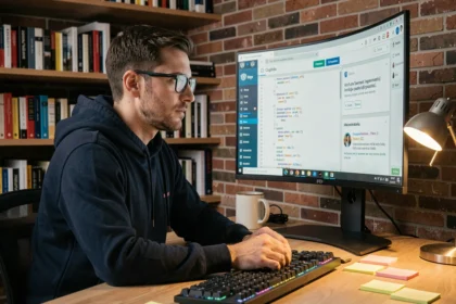 Développeur web masculin analysant des erreurs PHP et des mises à jour WordPress WooCommerce sur un grand écran incurvé dans un bureau moderne