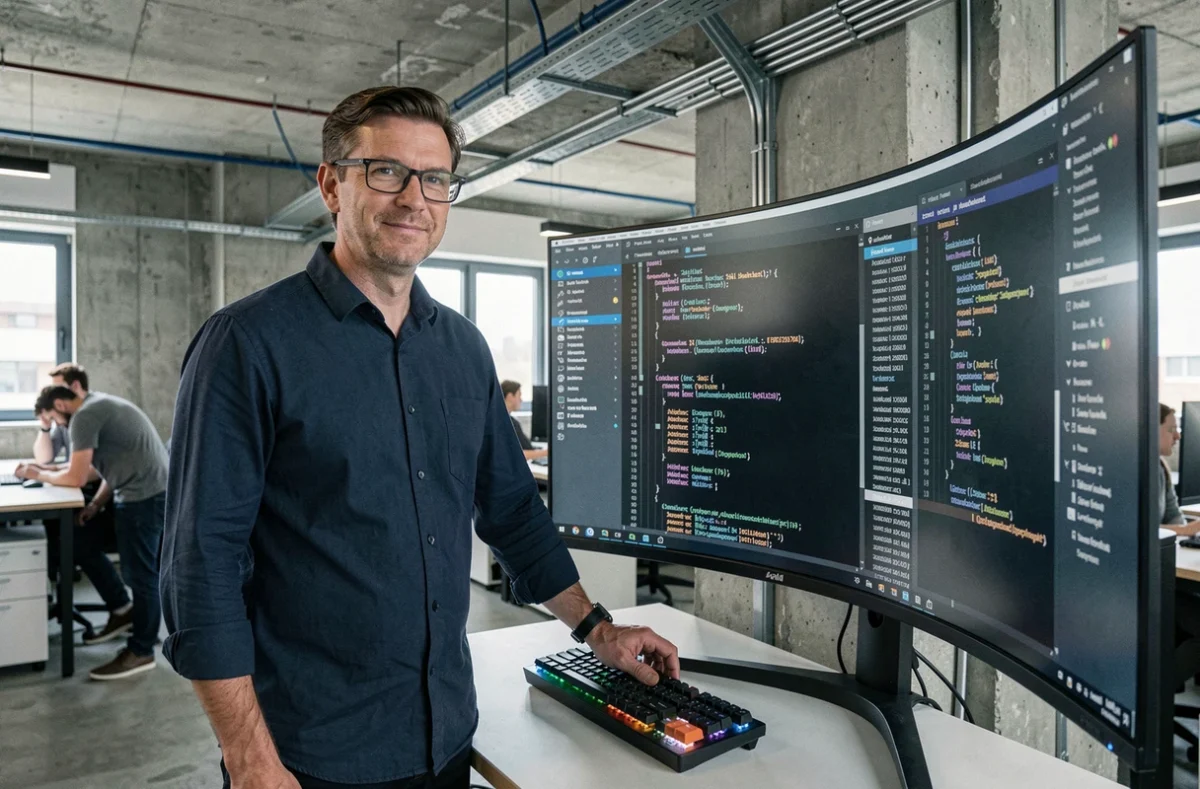 Développeur Python debout devant un grand écran affichant des scripts d'automatisation dans un bureau open-space moderne